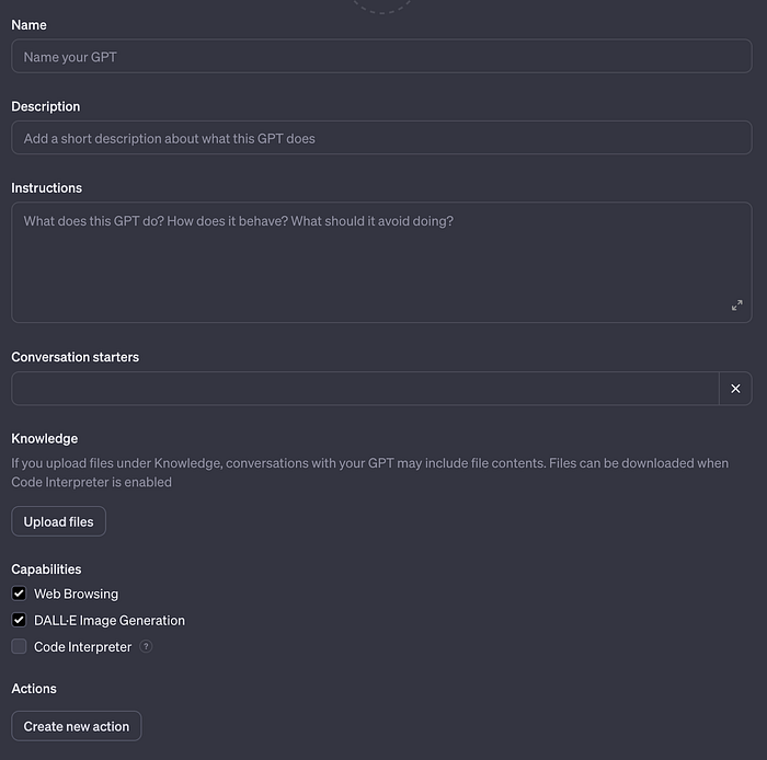 Configuration fields for a custom GPT