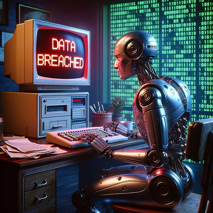A humanoid robot at a computer, generated with DALL-E