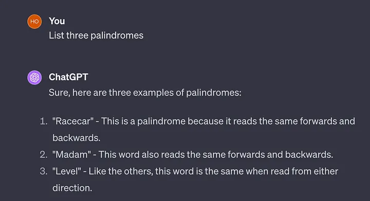 A ChatGPT prompt asking for three palindromes